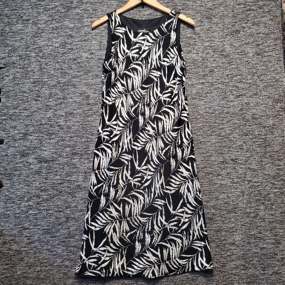 Positive Attitude Tank Dress Womens 10P Black Palm Leaf Print Vtg Y2K Midi‎